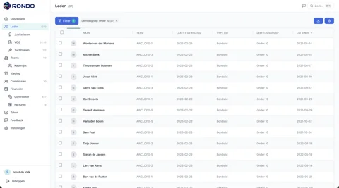 Ledenlijst met zoeken en filteren