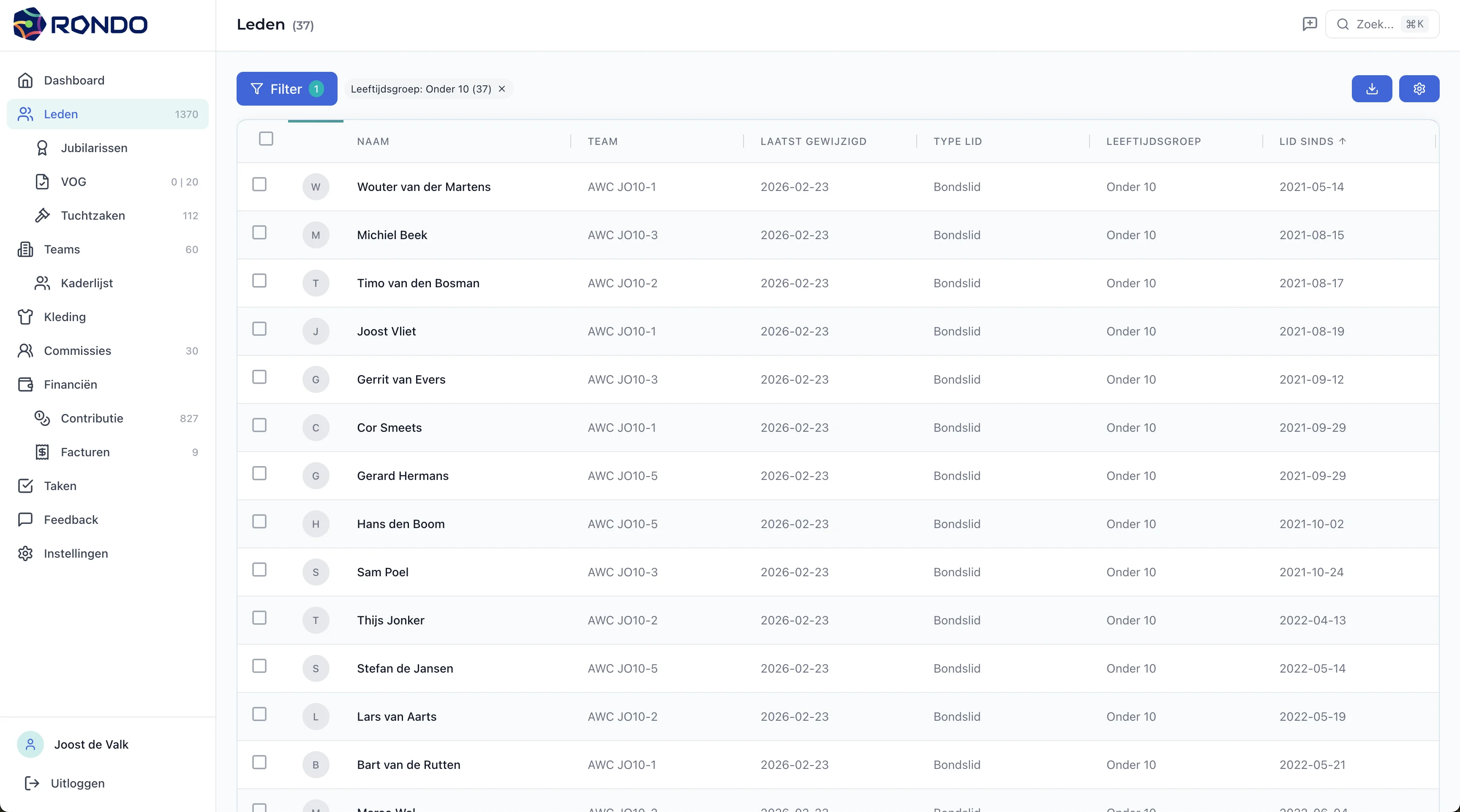 Ledenlijst in Rondo Club