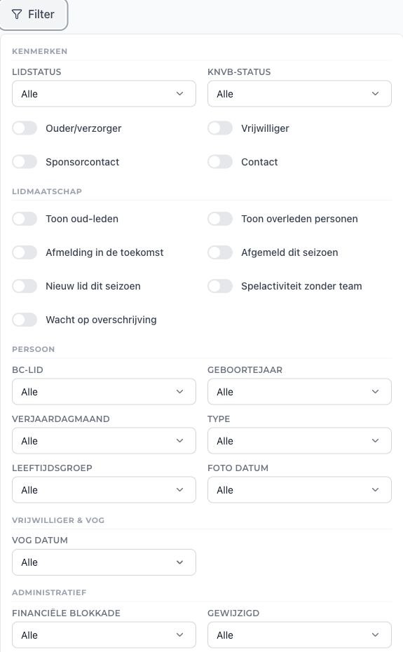 Kenmerkenfilter voor lidstatus, KNVB-status en overlappende rollen